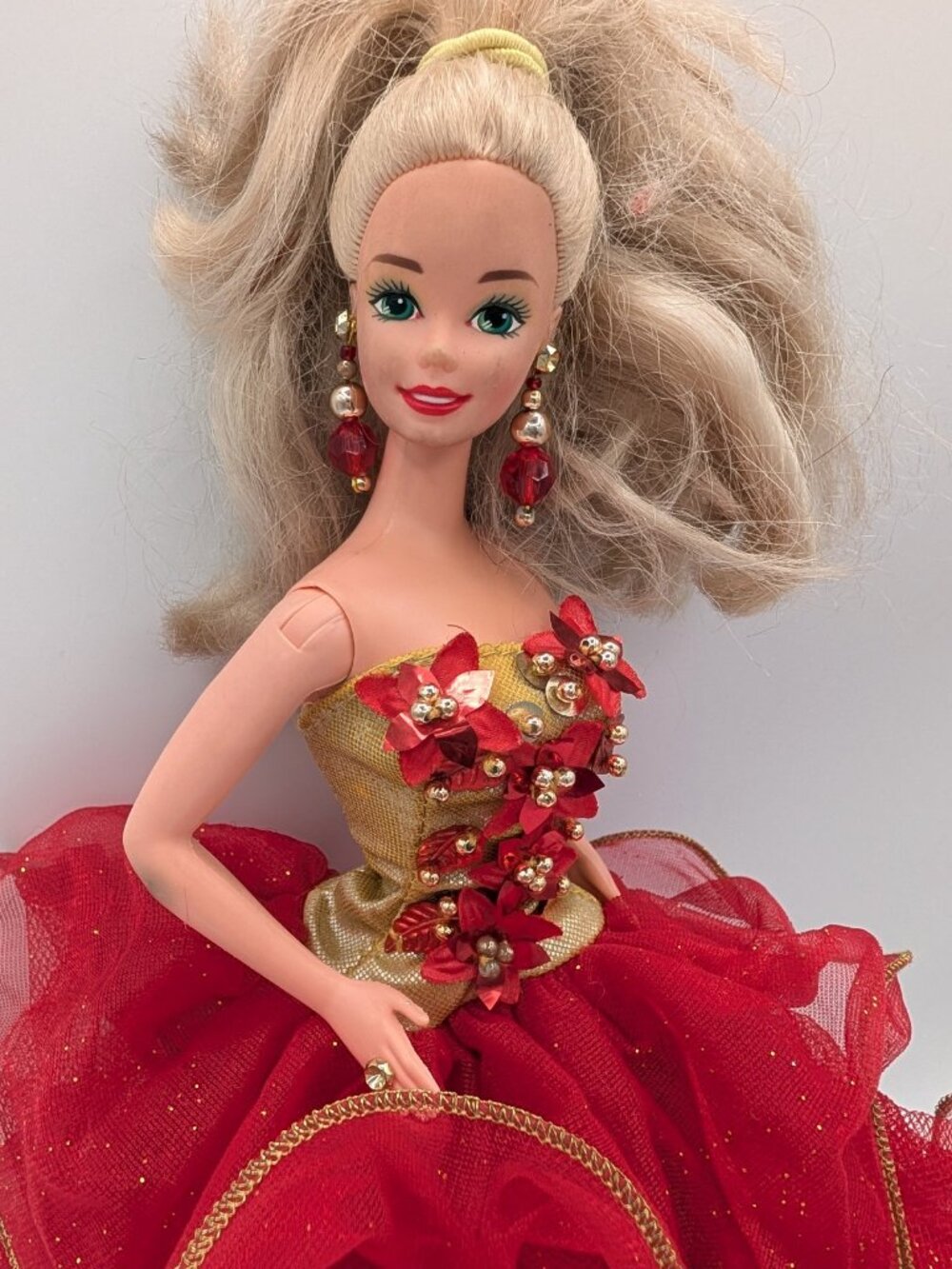 Barbie Doll Holiday Poinsettia Red Gown Dress Blonde Hair Green Eyes